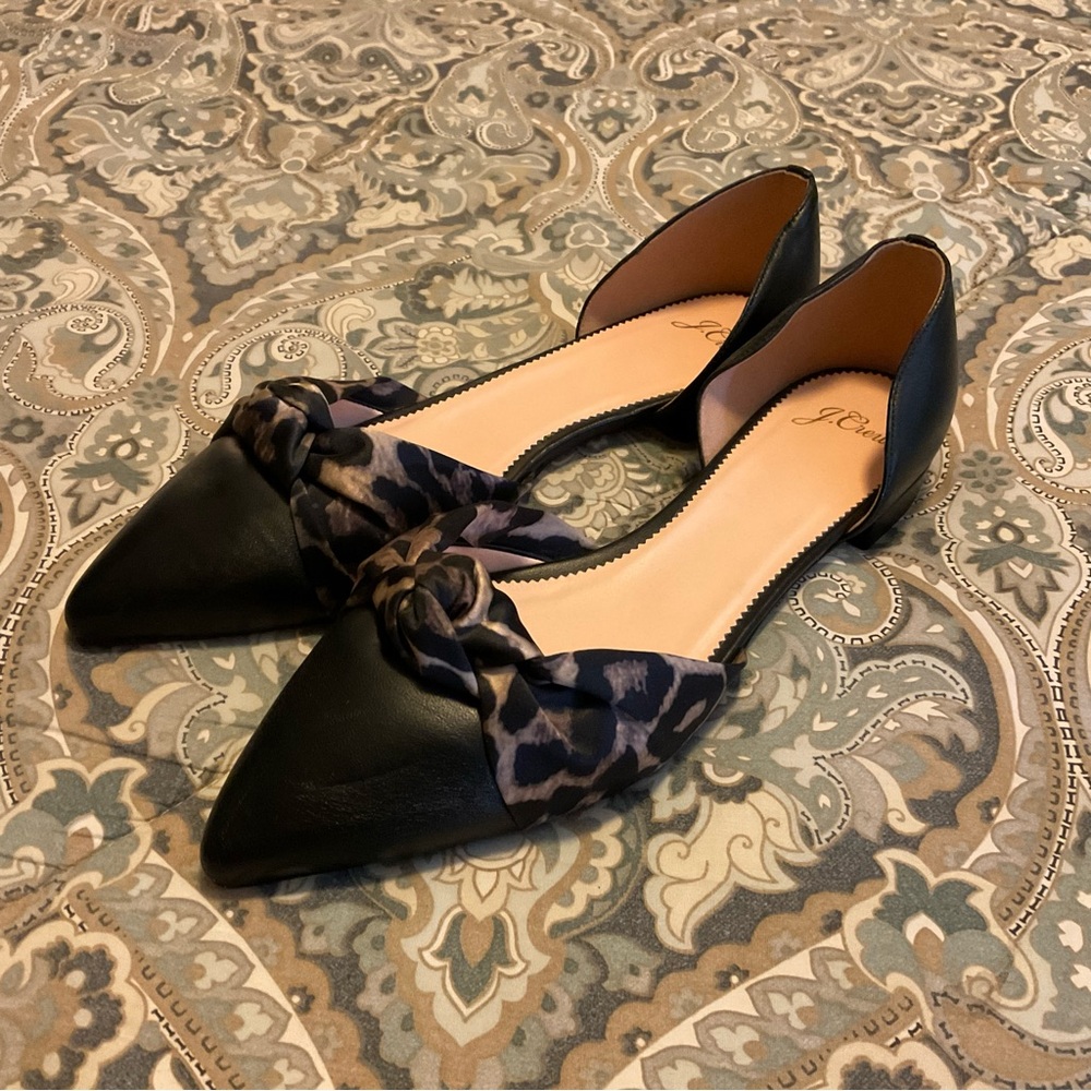 NWT J Crew Pointed Toe Knot Flats in Leather and Leopard Satin Women’s Sz 10.5